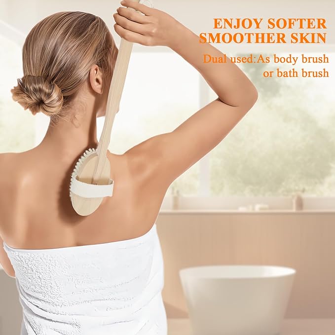 Dry Brushing Body Brush Set with Long Handle, Natural Boar Bristle Body & Face Brush, Wooden Detachable Scrub Brush, 3 Brush Heads for Exfoliating & Body Care