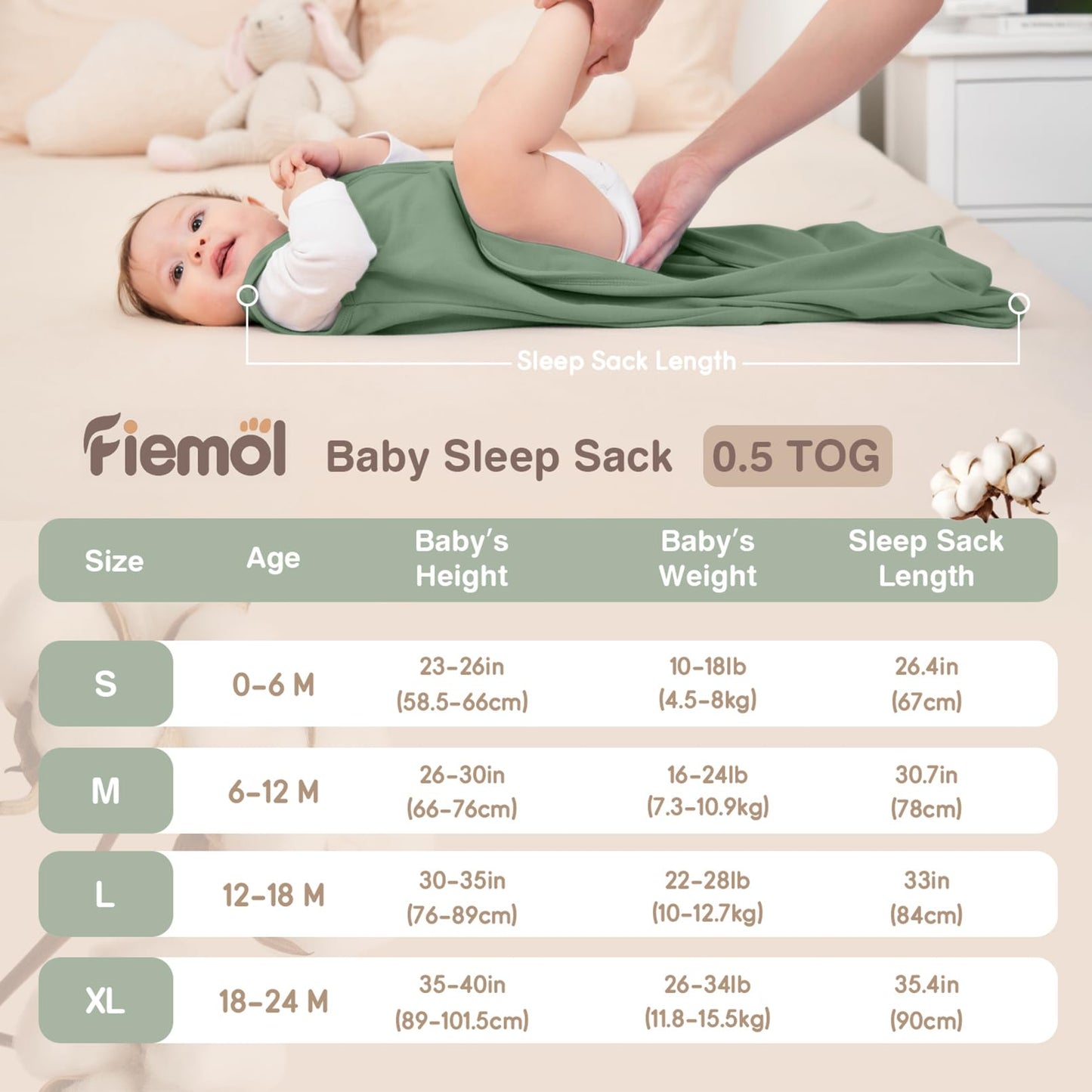 FIEMOL Baby Sleep Sack 12-18 Months, 100% Cotton Sleeping Sack for Newborn and Infant, 3 Pack Baby Wearable Blanket, 0.5 Tog Lightweight Double Zipper Sleep Bag Cyan