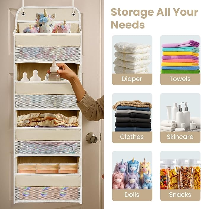 Over the Door Organizer with 4 Side Mesh Pockets, 4 Shelf Capacity Hanging Behind the Door Kitchen Organizers and Storage Suitable for Storing Toys, Shoes, Towels, Lvoy White, 4 Shelf