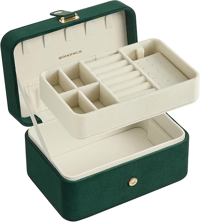 SONGMICS Jewelry Organizer Box, Travel Jewelry Case, 2-Layer Travel Case for Earrings, Necklaces, Bracelets - Portable Jewelry Storage with Large Capacity, Gift Idea, Retro Green UJBC166C04