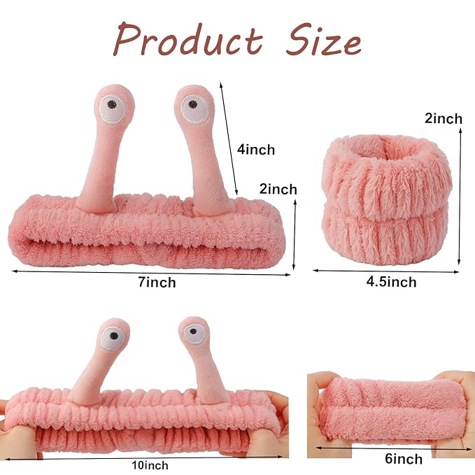 SuPoo 3pcs Snail Face Wash Headband, Wristband and Hair Wrap Set - Funny Pink Puffy Makeup Headbands, Cute Spa Towels and Hair Accessory