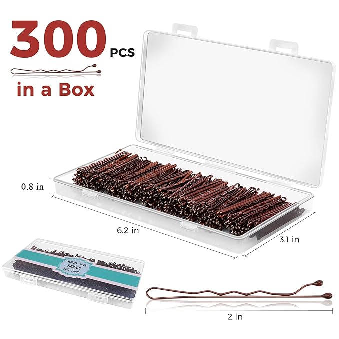300 Pcs Bobby Pins Brown, EWAGOA Hair Pins for Women Girls and Kids, Invisible curled Hair clips with Storage box, Pain-Free Hairpins（2 Inch Brown）
