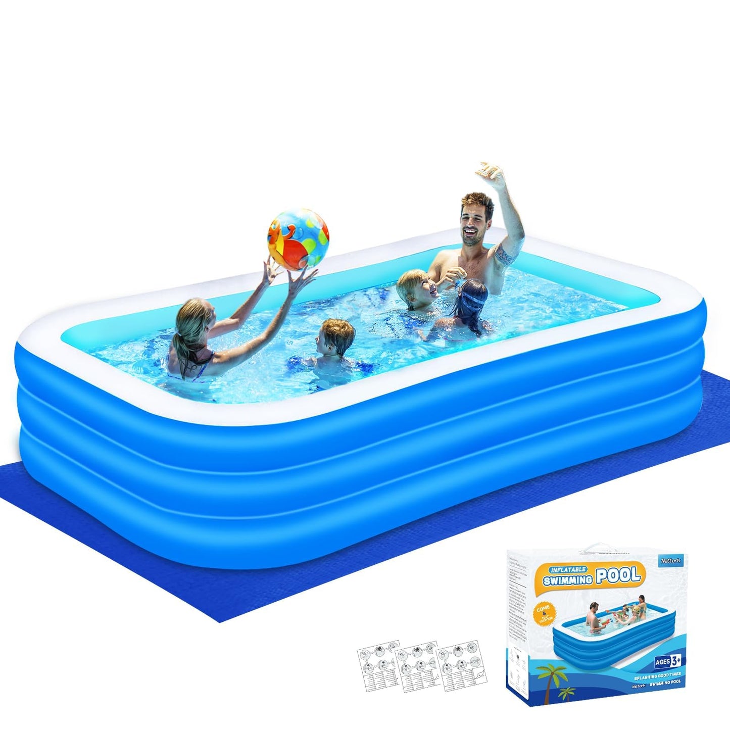 Nattork Inflatable Swimming Pool for Kids and Adults- 118" x 68" x 22" Family Full-Sized Blow Up Pools for kids -Thickened Durable Above Ground Swimming Pool Backyard Lawn, Indoor Outdoor Summer Party
