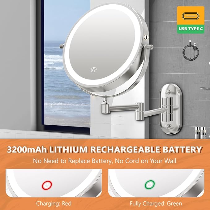 Auxmir 1X/30X Wall Mounted Lighted Makeup Mirror, 8" Rechargeable Double-Sided Magnifying Mirror with Light, Touch Dimmable 3 Color Light, 360° Rotation Foldable Extended Arm, Chrome