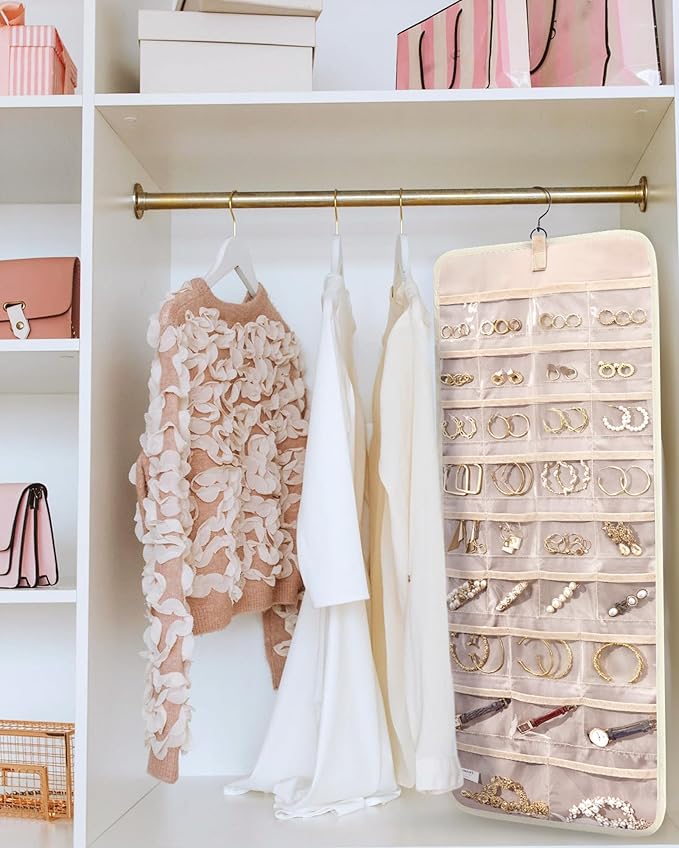 BAGSMART Hanging Jewelry Organizer Storage Roll with Hanger Metal Hooks Double-Sided Jewelry Holder for Earrings, Necklaces, Rings on Closet, Wall, Door, 1 piece, Large, Beige