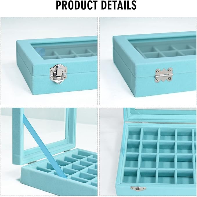 Velvet Jewelry Box 24 Grid Jewelry Ring Display Organiser Box Tray Holder Earrings Storage Case for Girls Wife Mom Women (Light Blue)