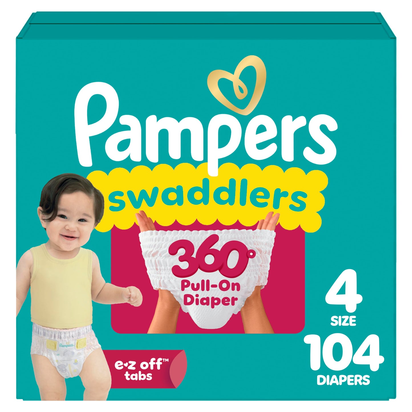 Pampers Diapers - Swaddlers 360° - Size 4, 104 Count, up to 100% Leakproof Comfy Dry Fit, Designed for Easy Changes, Pull On Baby Diaper (Packaging May Vary)