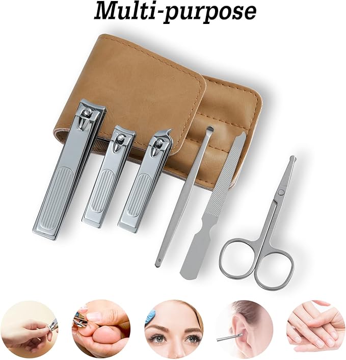 Nail Clipper Set, 6 Pcs Toenail Clippers, Stainless Steel Fingernail Clipper, and PU Leather Manicure Set, Gift Ideas (Beige)