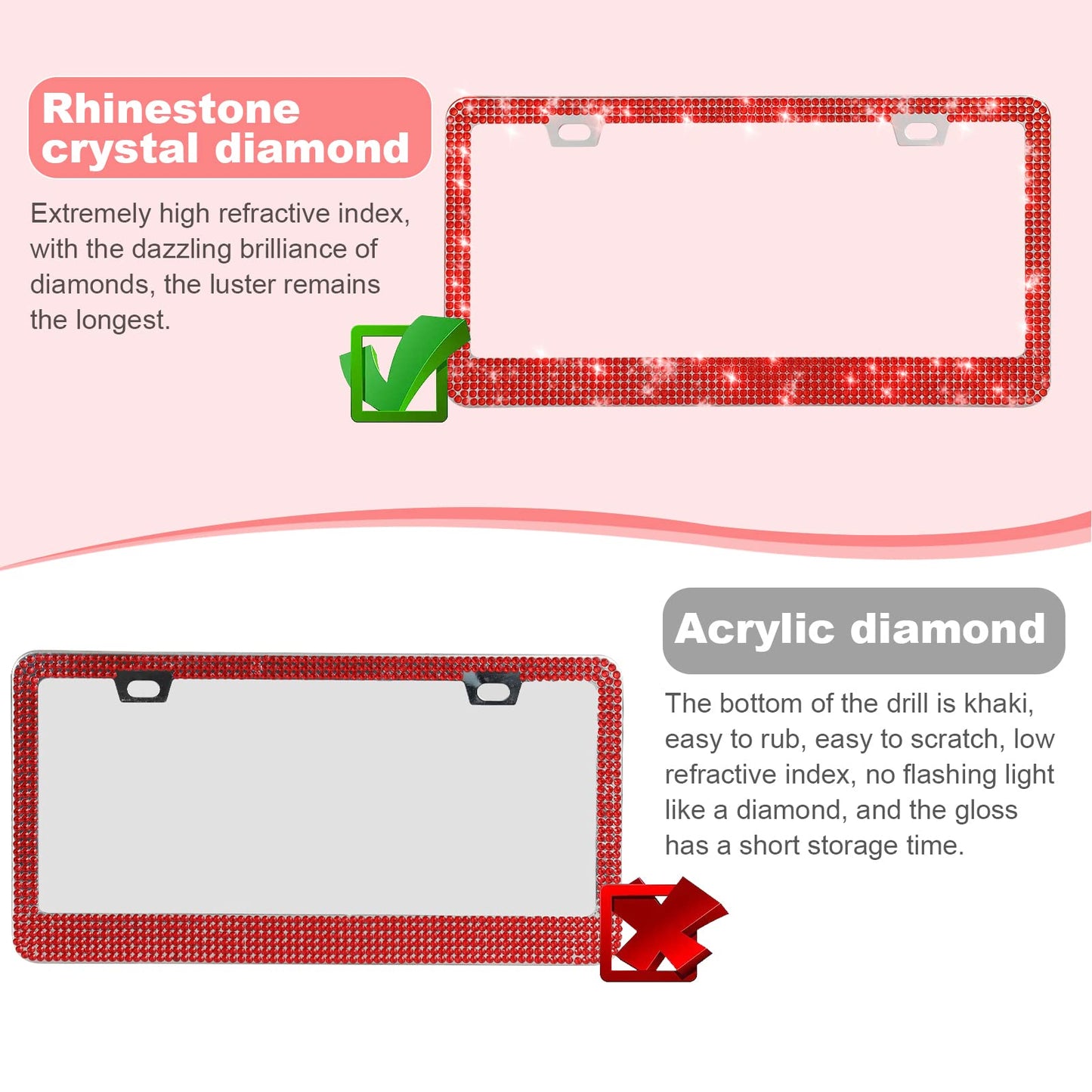 QUANQIUFEI 2 Pack Bling License Plate Frames for Women, Sparkly Rhinestone Diamond Car Accessories with Glitter Crystal Caps (Red)