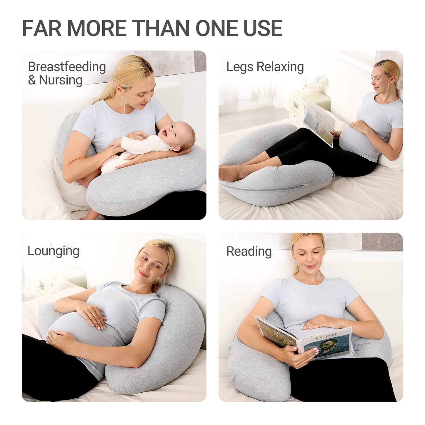 Momcozy Pregnancy Pillows for Side Sleeping, J Shaped Maternity Body Pillow for Pregnancy, Soft Pregnancy Pillow with Jersey Cover for Head Neck Belly Support, Grey