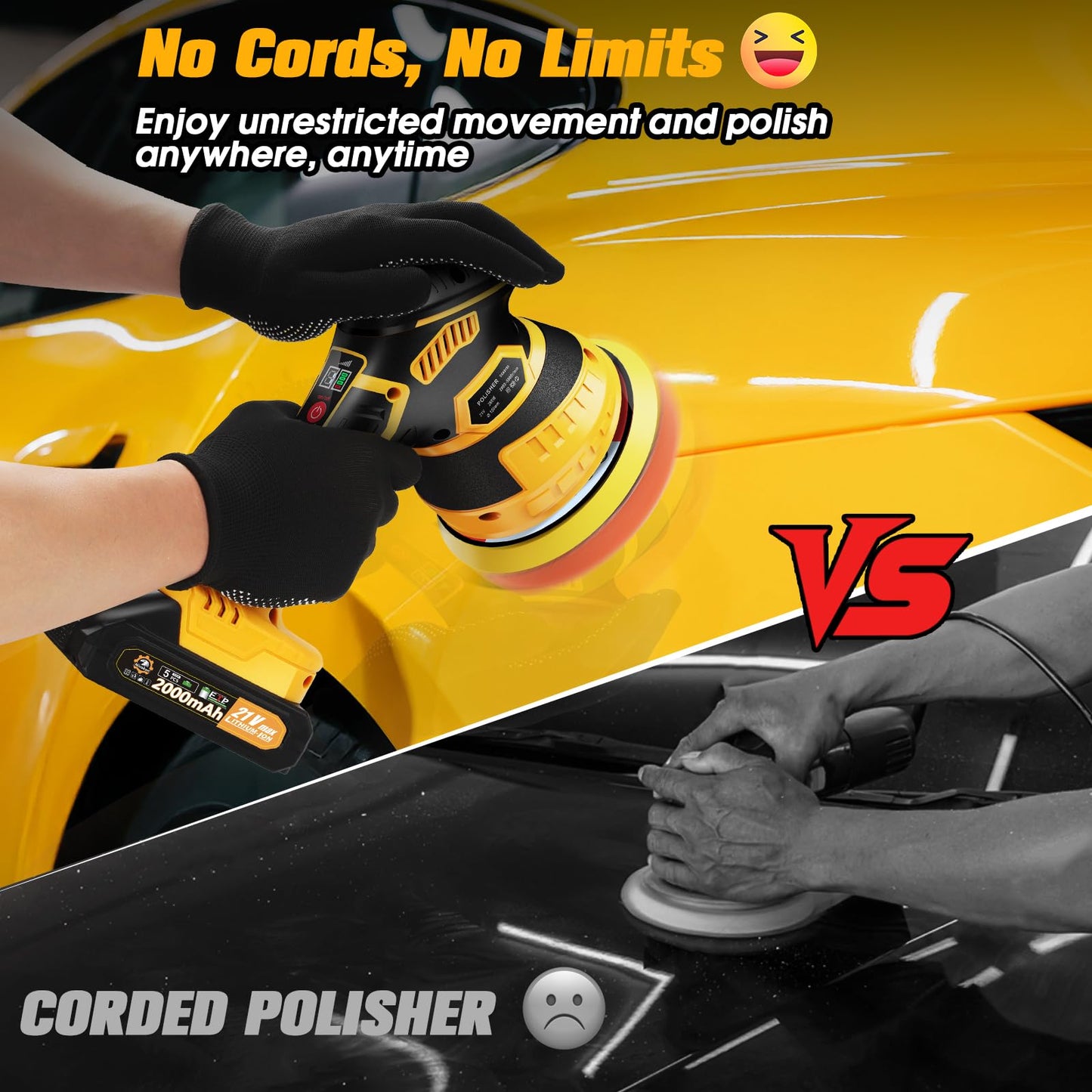 Niusken Cordless Car Buffer Polisher kit [2x 2000mAh 21V Batteries & 18 PCS Attachments] 6-Speed Orbital Design, LED Display, Lightweight Detailing Tool for Waxing, Polishing & Scratch Removal-Yellow