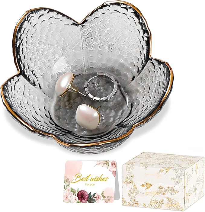 Grey Flower Jewelry Dish Glass Ring Dish Jewelry Tray Cute Vanity Organizer Room Decor Aesthetic Nightstand Bathroom Decor Trinket Dish Ring Holder Dish House Warming Gifts Stocking Stuffers for Women