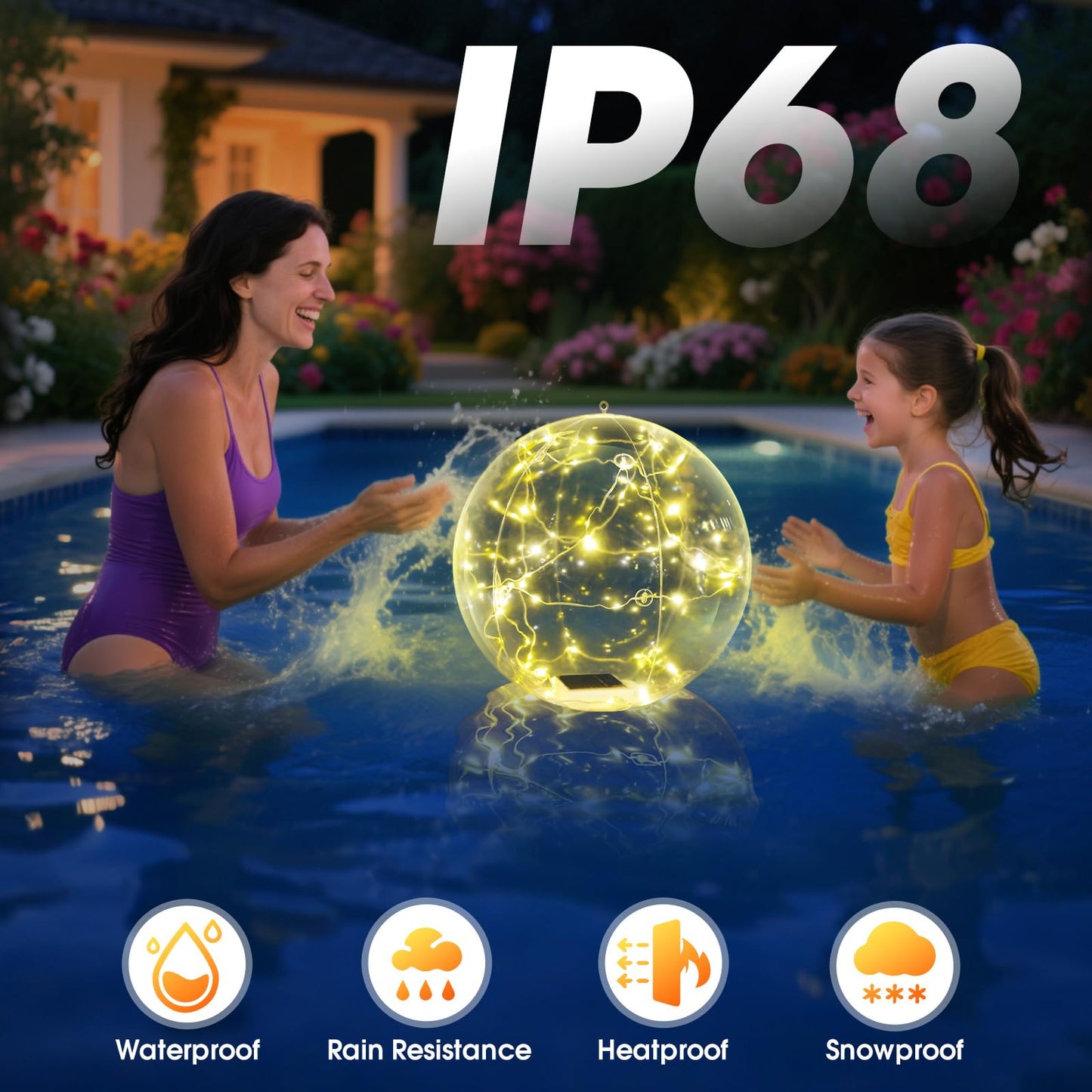Askyli Floating Pool Lights, Warm White LED Solar Pool Lights that Float, IP68 Waterproof Light up Pool Balls, 15" Inflatable Floating Light for Pools Party Wedding Decor (2Piece)