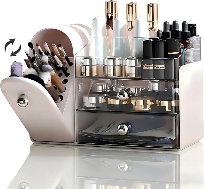Makeup Organizer for Vanity with Covered Brush HolderÃ¯Â¼ÂBathroom Organizers with DrawerÃ¯Â¼ÂSkin Care OrganizerÃ¯Â¼ÂMakeup Organizers for Vanity with DrawerÃ¯Â¼ÂLarge Makeup Storage for Dresser, White