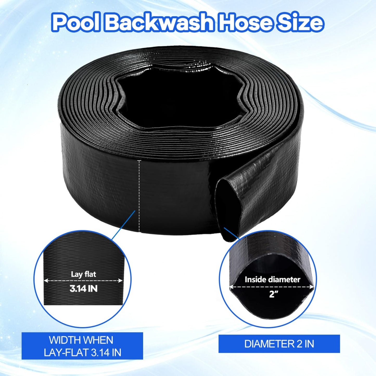 Gonioa 2 inches x 25 FT Heavy-Duty PVC Swimming Pool Backwash Hose 25 feet, Reinforced Discharge Hose with Clamp for Swimming Pools, Black