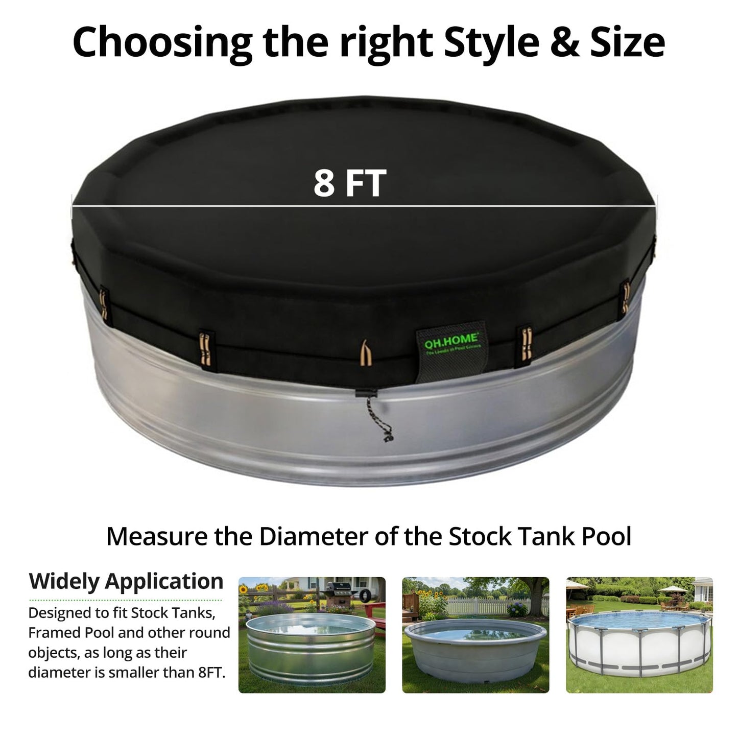 QH.HOME 550D 8Ft Round Stock Tank Pool Cover [Upgraded Tear Resistant & Threefold Windproor] wth Pre-Installed Patented Winch, Solar Cover for Above Ground Pool-Snug Fit & Waterproof Protection