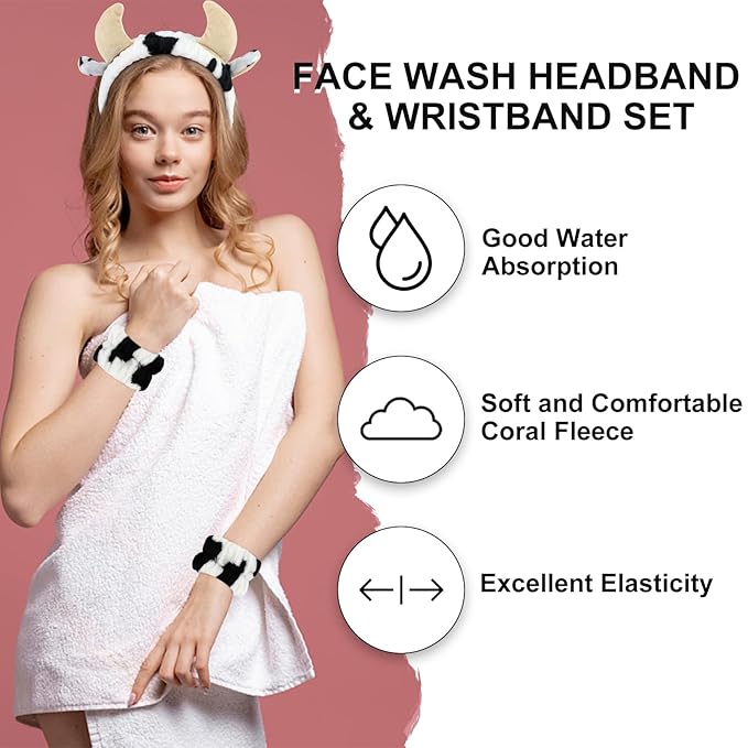 CAVETEE 3 Piece Hairband and Wristband Set, Black&white Cow Horn, Spa Cosmetic Elastic Makeup Headband and Wristband for Women Girl Wash Face Skincare Makeup Shower Spa Headband