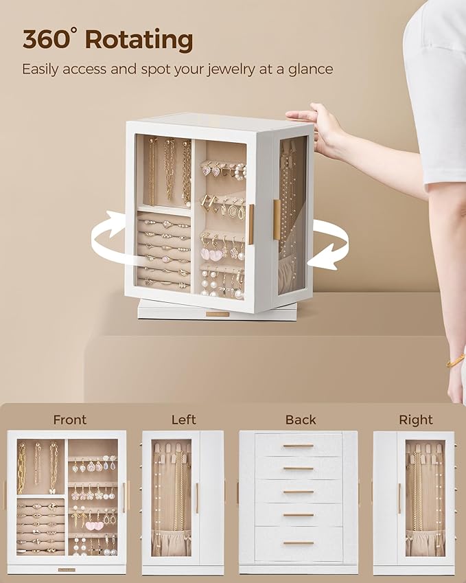 Glimmloop 360ÃÂ° Rotating Jewelry Box with 5 Drawers, Spacious Vertical Jewelry Organizer with Glass Window, Jewelry Storage Case, Dustproof & Moisture-resistant Design, White