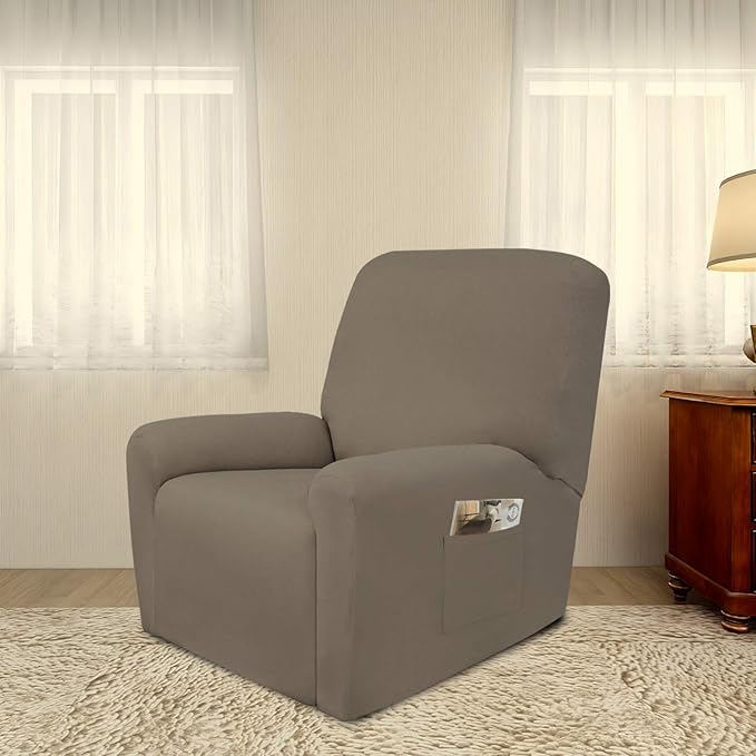 PureFit Super Stretch Chair Sofa Slipcover with Pocket – Spandex Non Slip Soft Couch Sofa Cover, Washable Furniture Protector with Elastic Bottom for Kids, Pets （Recliner, Natural）
