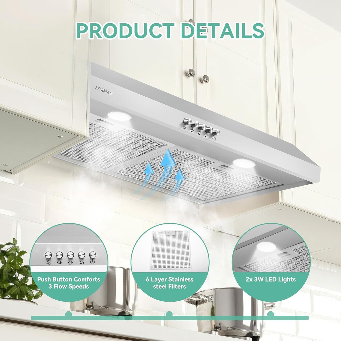 Kendraja 36 Inch Under Cabinet Range Hood | 700 CFM Stainless Steel | Convertible Ducted/Ductless | Washable Grease Filters | 3 Speed Fan | LED Lighting | Includes Charcoal Filters
