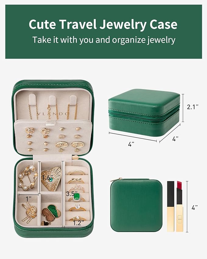 Vlando Travel Jewelry Case, Small Travel Jewelry Organizer Box for Girls Women - Dark Green