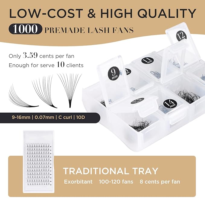 LASHVIEW 1000 Premade Volume Eyelash Extensions Mixed Tray 10D Premade Fans Eyelash Extensions C Curl Premade Lash Fans Pointed Handmade Promade Loose Fans Thin Base (10D-0.07C,9-16mm)