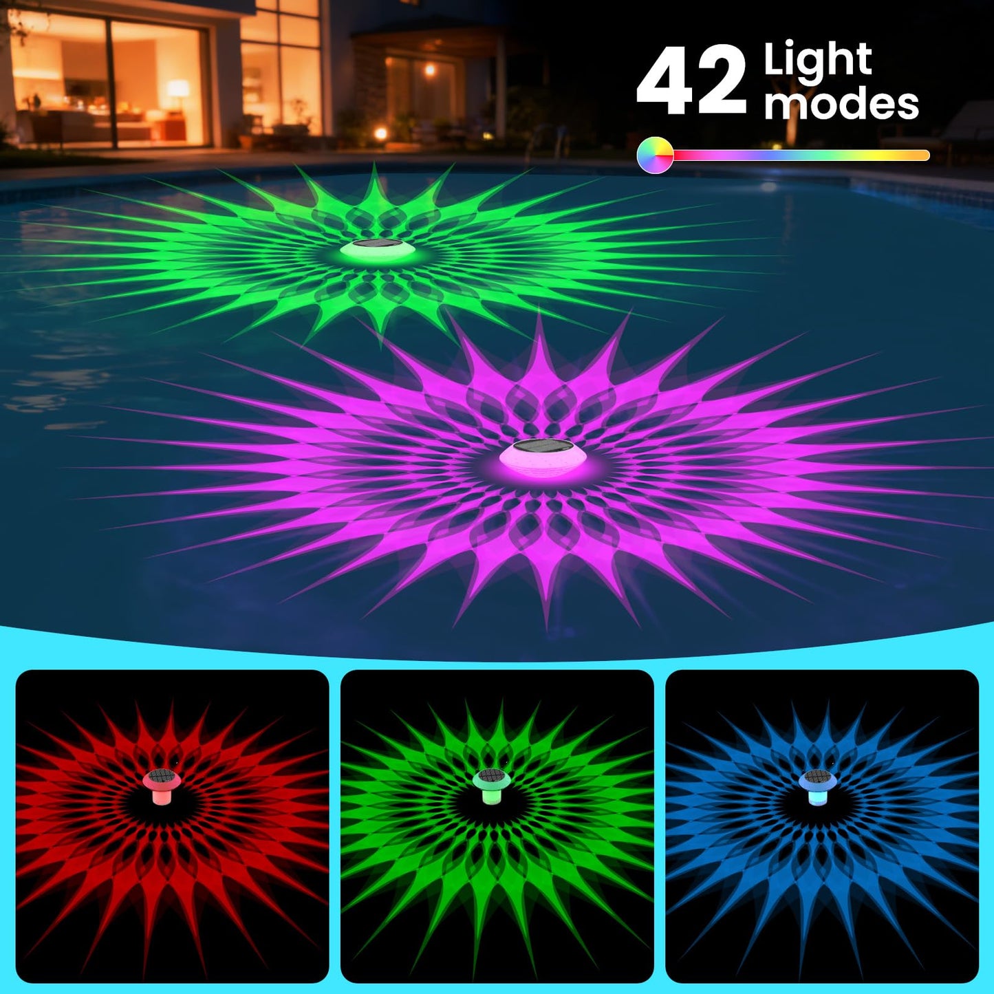 2026 Upgrade Solar Pool Chlorine Floater 3 Inch Tablets(1 Pack), 1800mAh Floating Pool Lights with Remote, 42 Lighting, Timer Function, IP68 Waterproof for Inground/Above Ground Pool, Pool Party, SPA