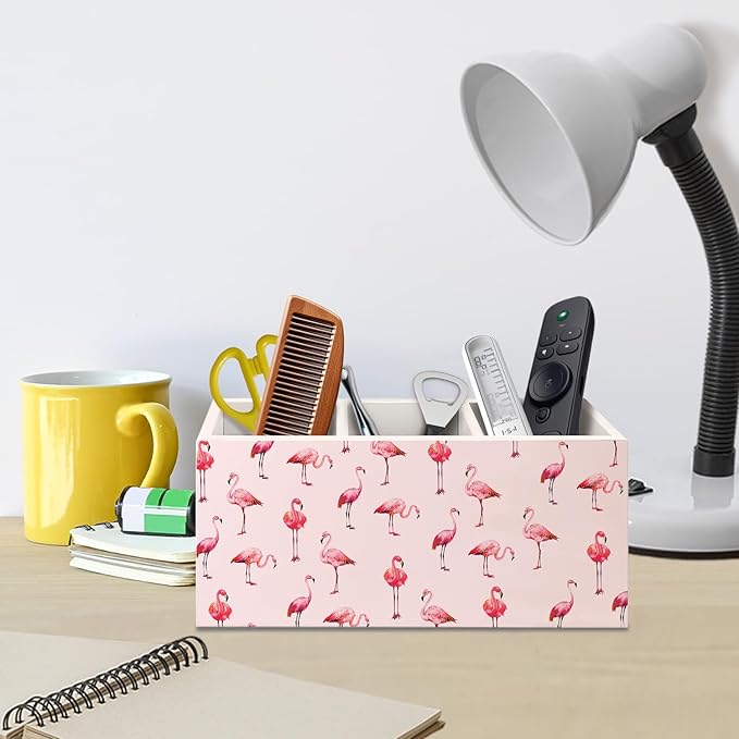 Pink Flamingo Wooden Pen Pencil Holder for Desk Accessories, Pink Flamingo Gifts for Women, Preppy Wood Makeup Brush Toothbrush Holder Organizer for Vanity Bathroom