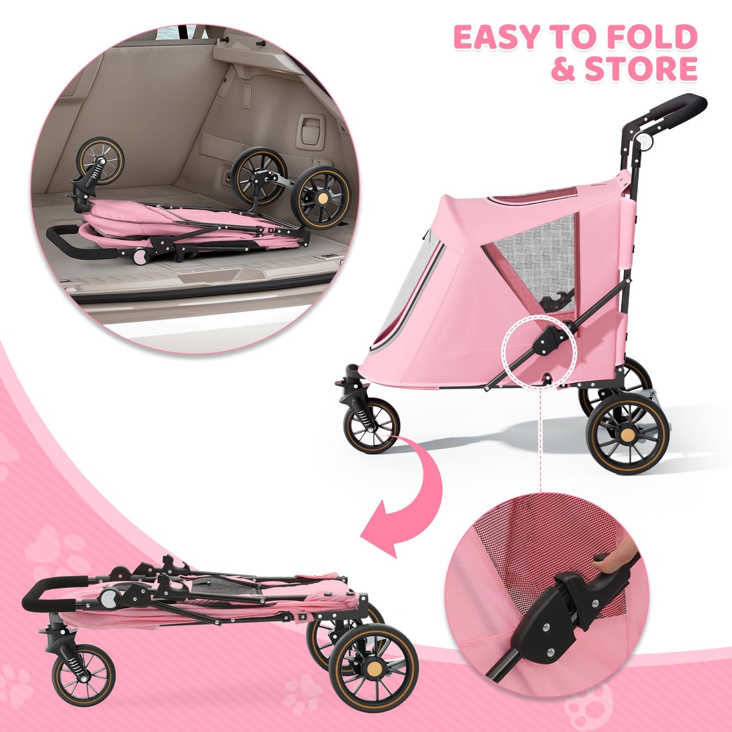 Magshion Pet Stroller for Medium Dogs w/Adjustable Handle, 3-Wheel Dog Cat Wagon w/Dual Entry, Rear Storage, Breathable Mesh, One-Foot Brake, Ideal for Large Pets up to 55 lbs, Pink