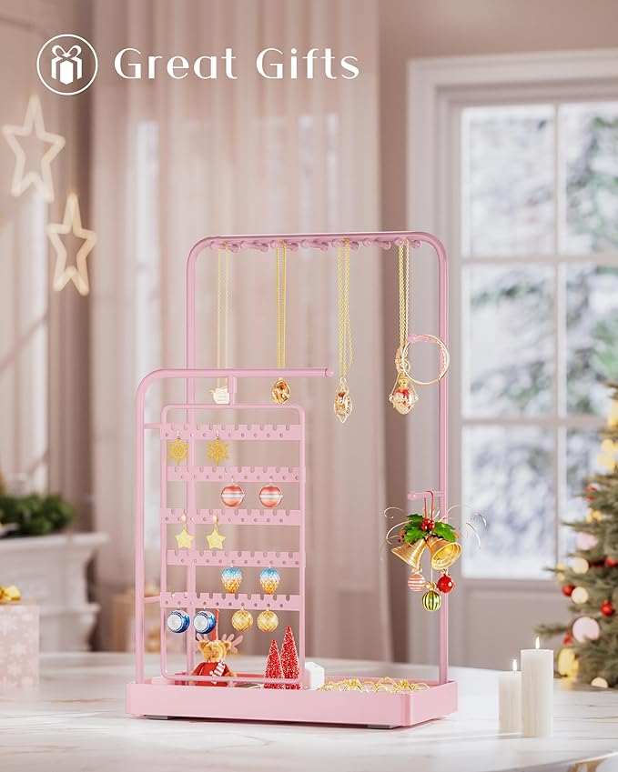 ProCase Jewelry Stand Holder Organizer, Jewelry Display Storage with Ring Tray, No-Assembly Needed, Rotating Earring Bracelet Necklace Holder, Christmas Gifts Room Dorm Decor for Teen Girls -Pink