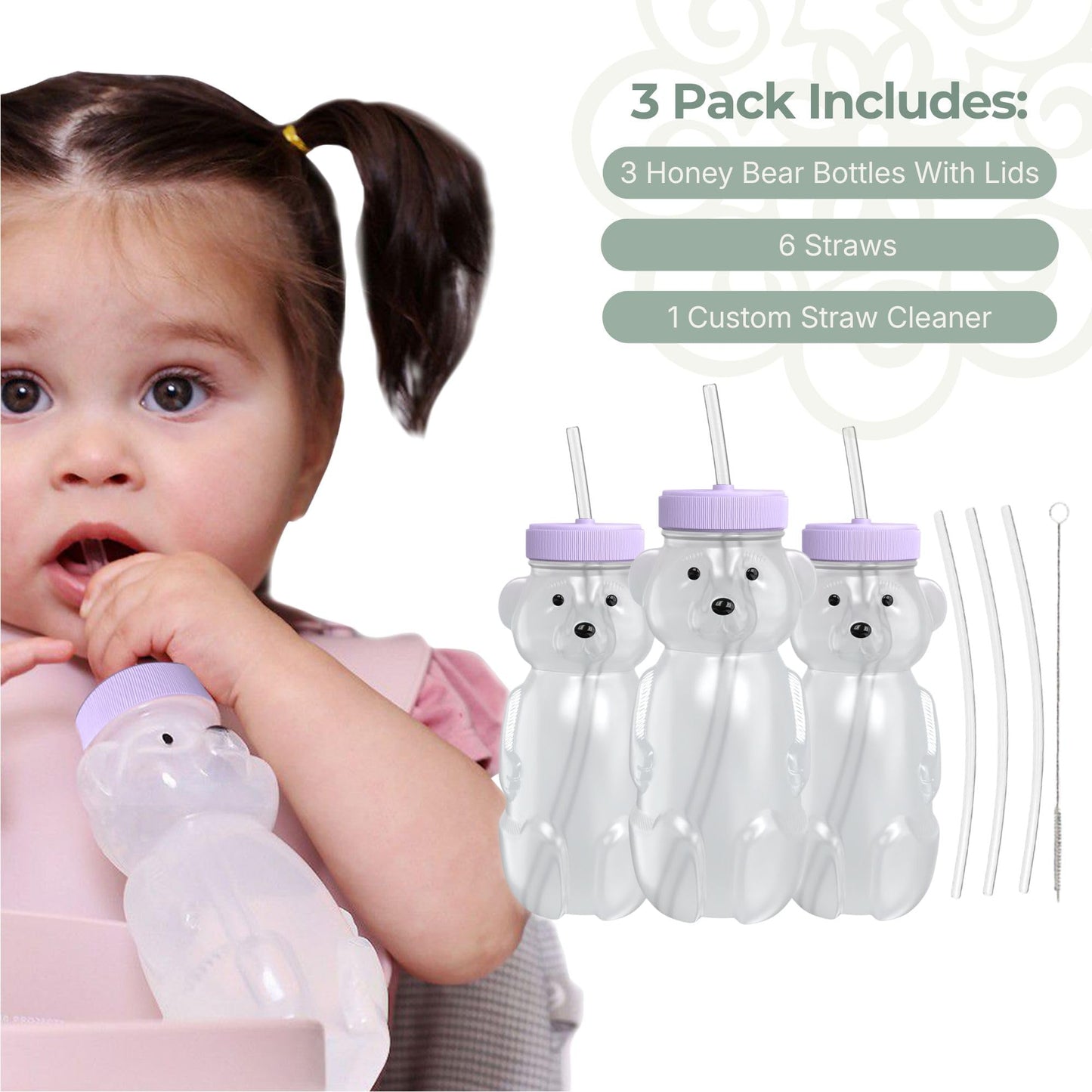 The 730 Project Honey Bear Straw Cup for Babies, 8-oz Honey Bear Cup with Lid, 3-Pack Therapy Learning Honeybear Straw, Baby Bottle Set, Unicorn PURPLE