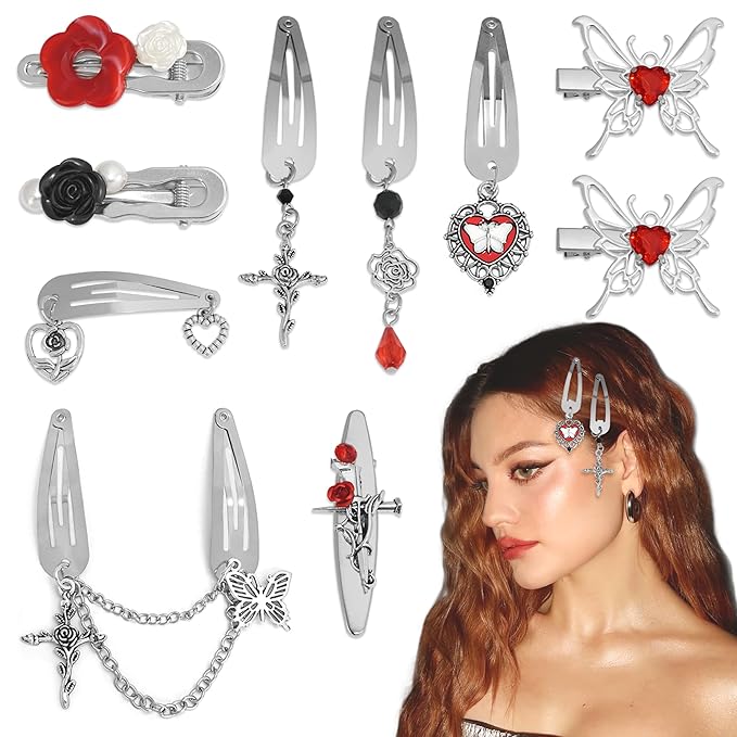 10PCS Red Hair Clips Small Dangle Silver Hair Clips Metal 9 Shapes Goth Cross Clip Snap Punk Y2K Hair Accessories for Women Girls