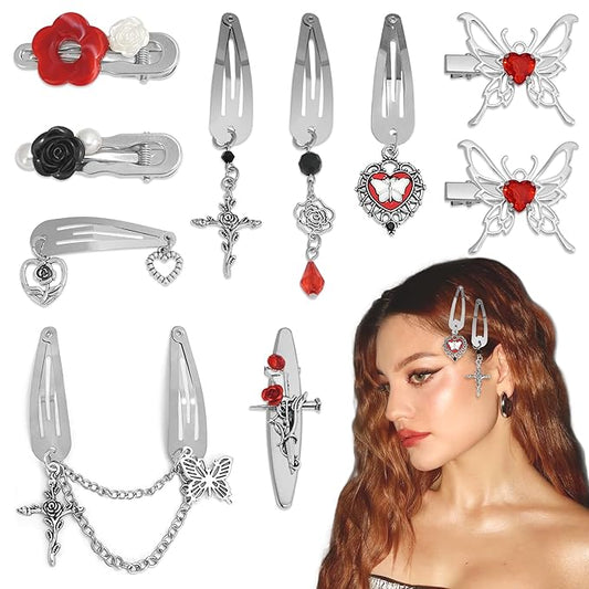10PCS Red Hair Clips Small Dangle Silver Hair Clips Metal 9 Shapes Goth Cross Clip Snap Punk Y2K Hair Accessories for Women Girls