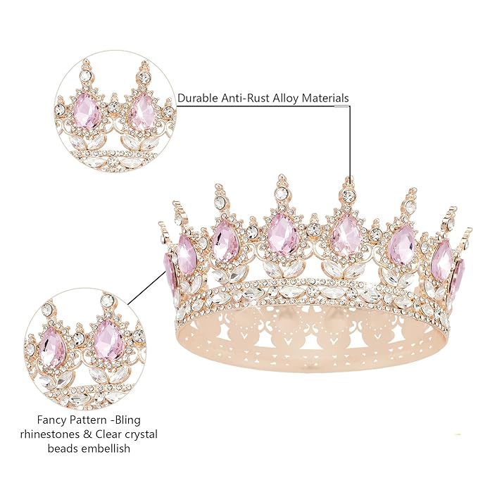 YOUlDIANZI Queen Crown Rhinestone Wedding Crowns and Tiaras for Women Costume Party Hair Accessories Princess Birthday Crown Crystal BridalCrown(Rose Gold Pink Crown)