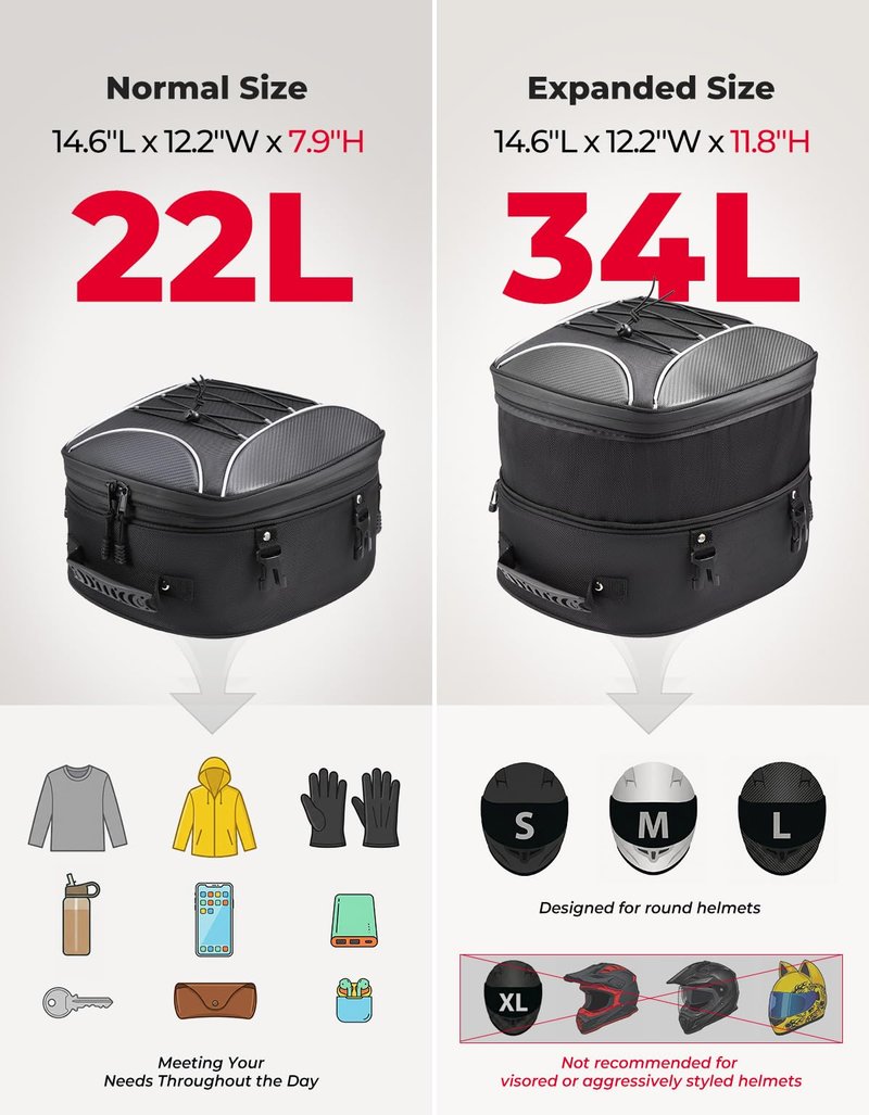 KEMIMOTO Motorcycle Tail Bag, Dual Use Motorcycle Rear Seat Bag with Waterproof Rain Cover, 22L-34L Expandable Motorbike Helmet Bag Luggage Storage Backpack with 6 straps