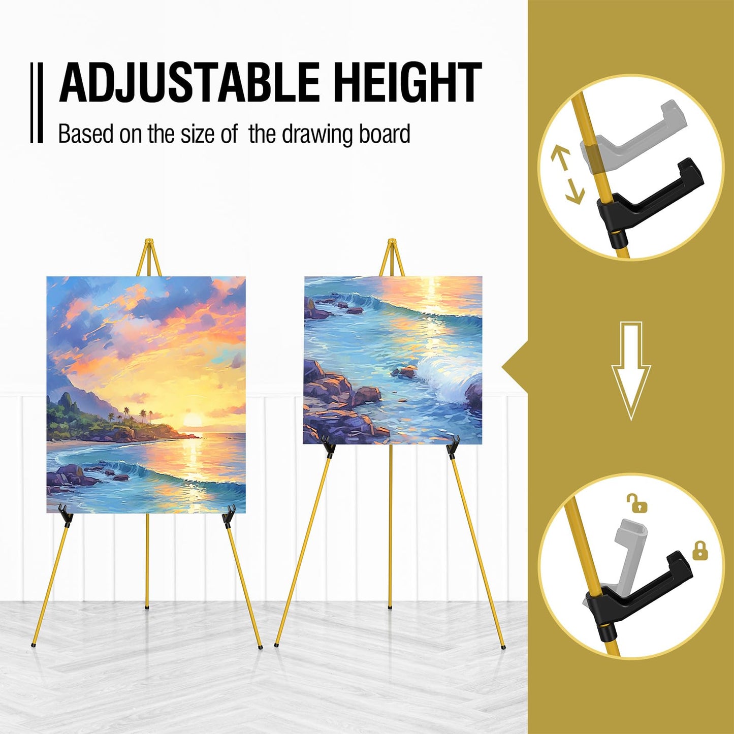 SunyesYoon Display Golden Easel Stand - 63" Artist Instant Tripod Collapsible Portable Floor Easel - Adjustable Art Poster Easy Folding Metal Stand for Display Show, Wedding, Painting