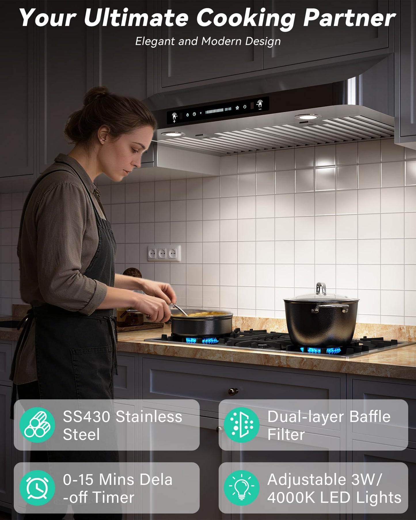 FlyPine 36 inch Stainless Steel Under Cabinet Range Hood - 900 CFM, Gesture Control, Ultra-Quiet 4-Speed Vent, LED Lights, External Venting