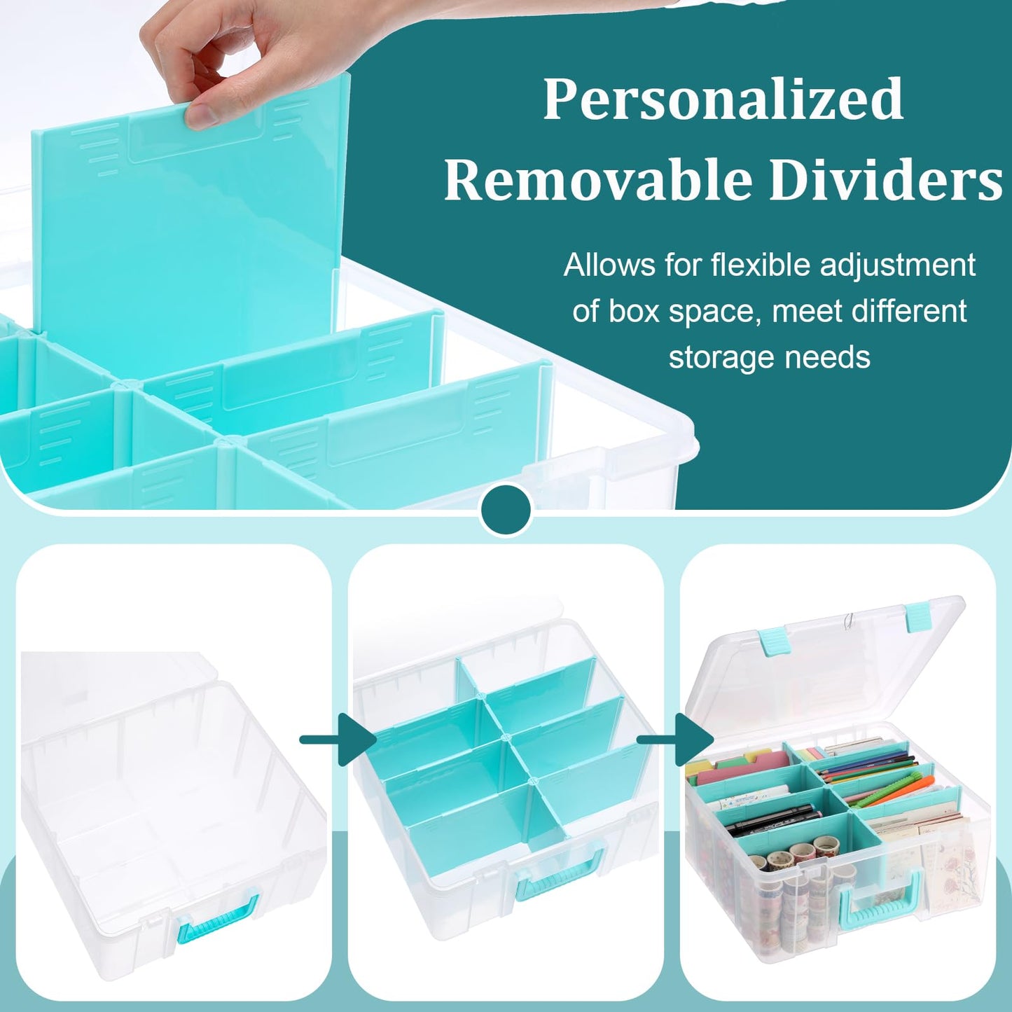 BTSKY Clear Plastic Dividing Storage Box with 8 Deep Compartments Adjustable Storage Bin with Lid Portable Craft Storage Container Multipurpose Sewing Box Art Supply Organizer, 15.1x13.9x6.1 Inches