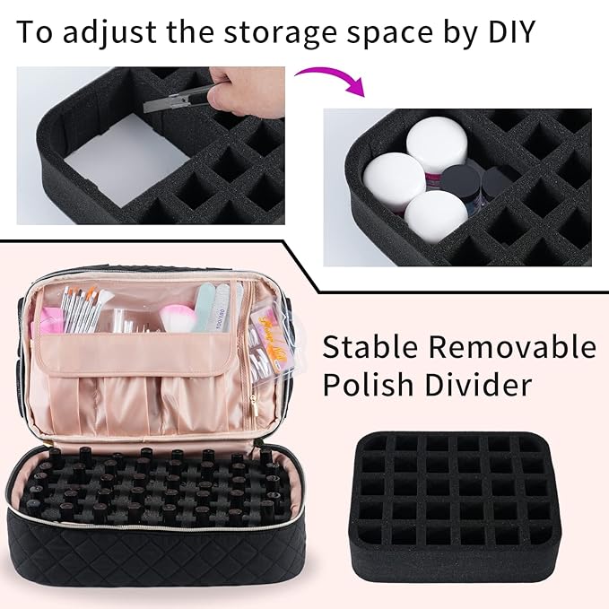 Nail Polish Organizer Case Fits Nail Lamp and 50 Bottles,Nail Organizers and Storage for Nail Tech Travel,Pretty Nail Polish Storage Bag Fits Nail Kit & Manicure Tools (Patented)-Black