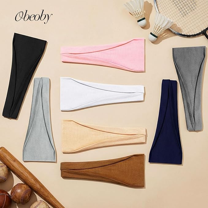 obeoby Wide Sport Headbands, 8 Pack Stretchy Headbands for Yoga Running Simple Solid Color Head Bands for Fitness Enthusiasts