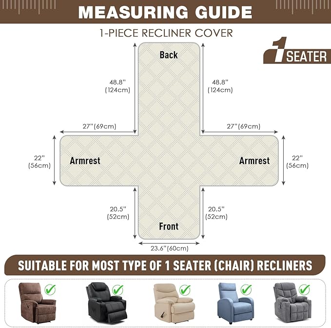 TAOCOCO 100% Waterproof Recliner Chair Cover, Non Slip Recliner Covers for Recliner Chair with Pocket, Washable Reclining Chair Cover Furniture Protector for Kids,Dogs(23.6'', Brown)