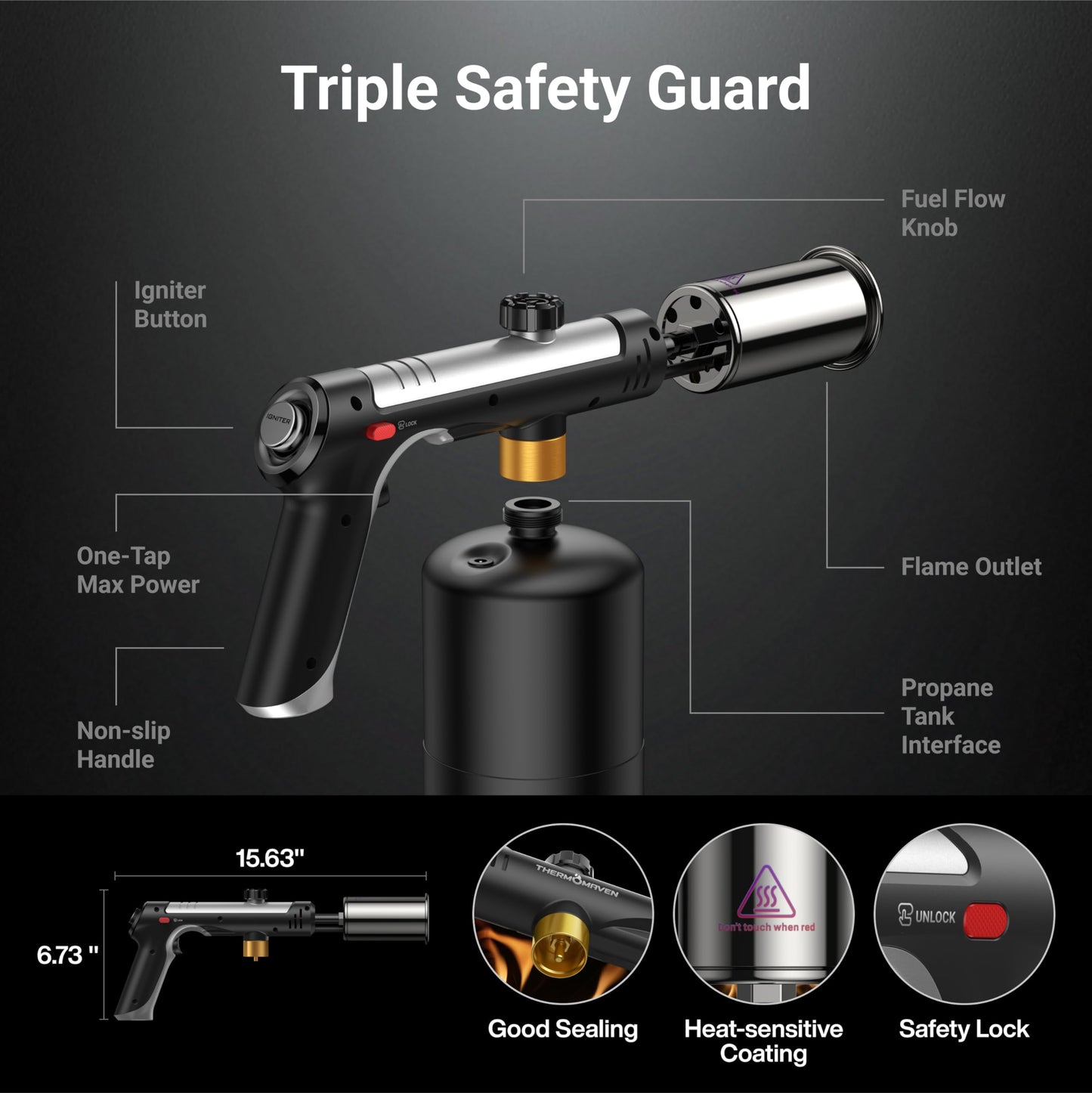 ThermoMaven Propane Torch with One-Touch Max Fire, Cooking Blow Torch Gun with a Safety Lock, Charcoal Lighter, Flame Thrower, Kitchen Food Torch Head for Grill, Sous Vide, BBQ (Tank Not Included)