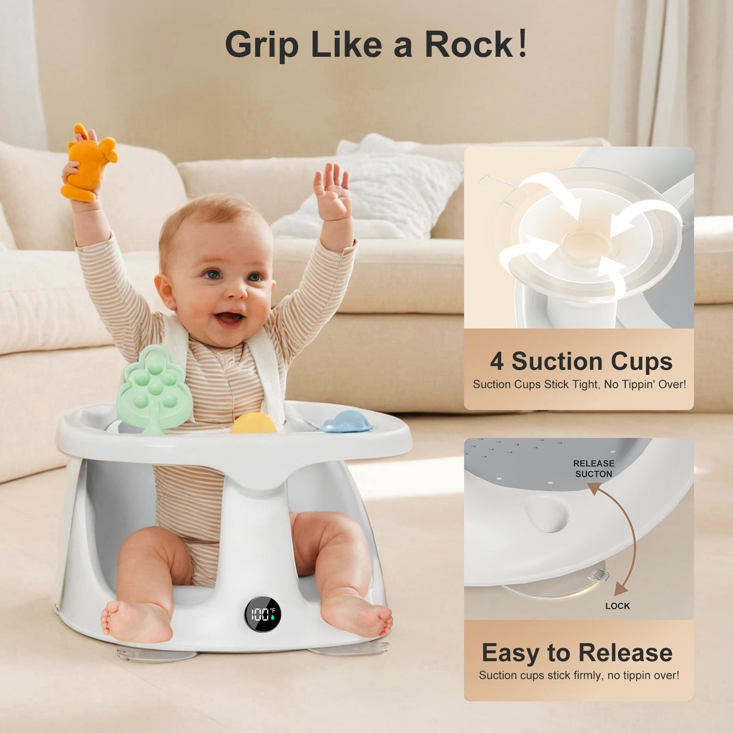 Baby Bath Seat for Babies 6 Months & Up - Bathtub Seats for Babies Sitting Up with Rinse Cup, Non-Slip, Comfortable, Infant Bath Essentials, Gray