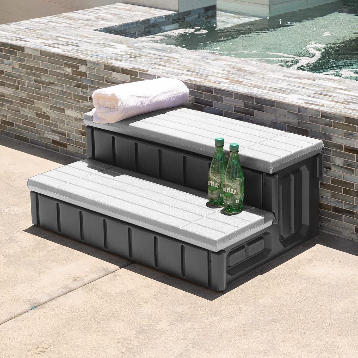XtremepowerUS Universal Heavy Duty 2-Step Spa & Hot Tub Step Porch Steps with Large Storage Compartment Non-Slip Resistant Step Stairs 36" Inches Long Stool Pool Ladder, Grey