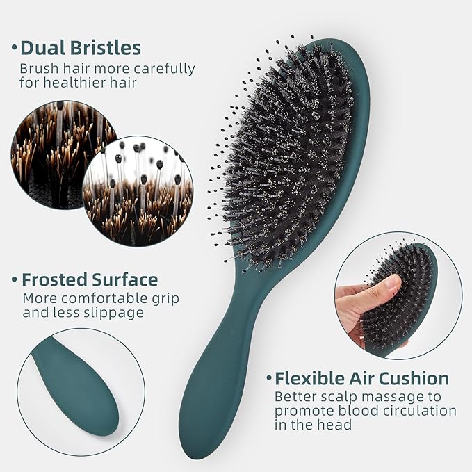 Boar Bristles Hair Brush for Women and Men, Detangling Hair Brush for Smoothing Massage Add Shine, Nylon&Boar Bristles Detangler brush for Hair Healthy (1 Pack-Green)