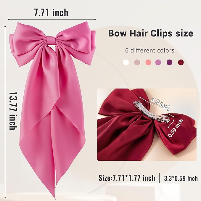 6Pcs Large Bows Hair Clips for Women Girls Long Tail Hair Ribbon Silky Satin Barrettes Coquette Bows Accessories (Pink/Peach/Wine Red/White/Black)