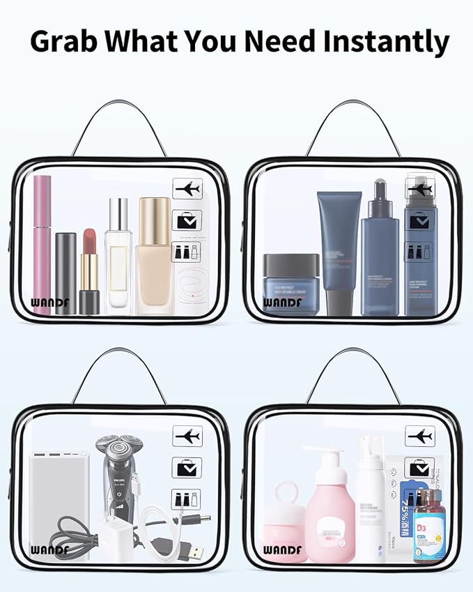 WANDF TSA Approved Toiletry Bag, 2 Packs Travel Clear Toiletry Bag, Quart Size Makeup Cosmetic Pouch with Zipper, Carry-On Airport Compliant Bag for Women and Men (2 pcs, Black with Handle)