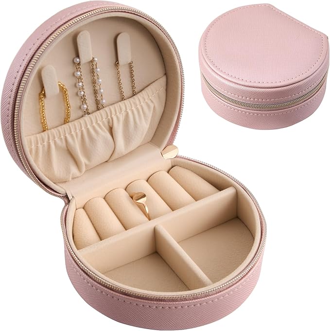 ProCase Travel Size Jewelry Box, Mini Portable Seashell-Shaped Jewelry Case, 2 Layer Organizer in PU Leather for Women -Rose