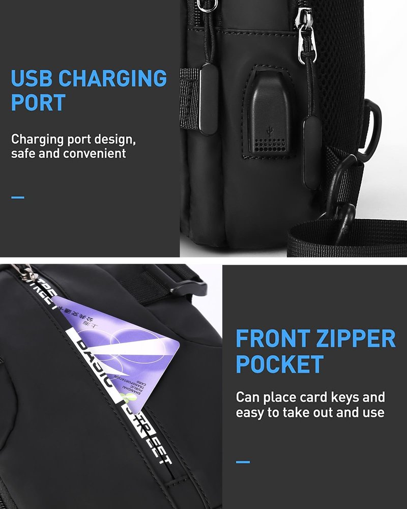 Large Black Sling Bag for Men, Shoulder Messenger Bag for Mens, Anti Theft One Strap Motorcycle Backpack Sling Chest Bag for Casual Hiking Walking Biking Travel Cycling Outdoor Sports