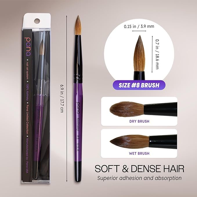 PANA Pure Kolinsky Hair Acrylic Nail Brush - Round Shape Black Ferrule with Purple Wood Handle (Size 8) - for Acrylic Nail Application, Nail Extension Manicure Pedicure Salon Beginner and Professional
